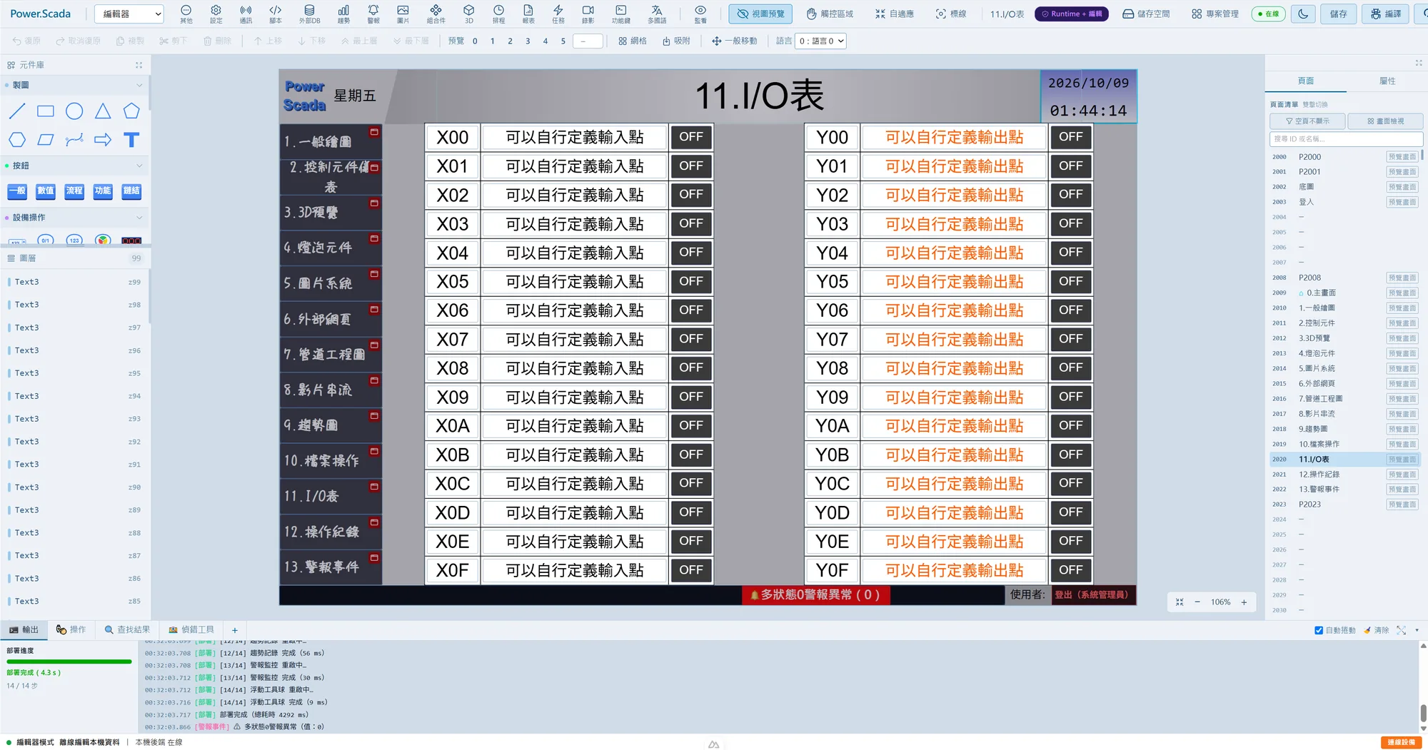 PowerScada 編輯器整體畫面:頂欄、工具列、元件庫、圖層、畫布、頁面與屬性、底部面板、狀態列
